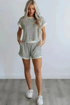 White Stripe Contrast Edge Tee and Shorts Set - Fashionfitz