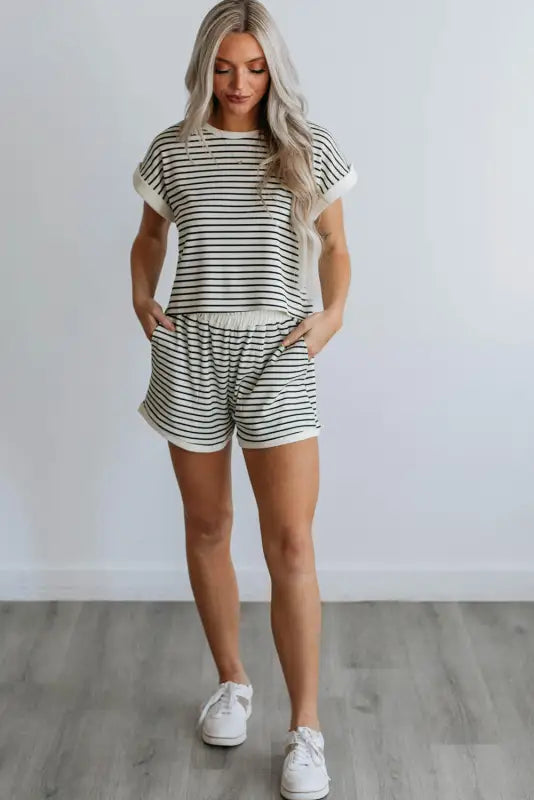 White stripe contrast edge tee and shorts set - two piece sets/short sets