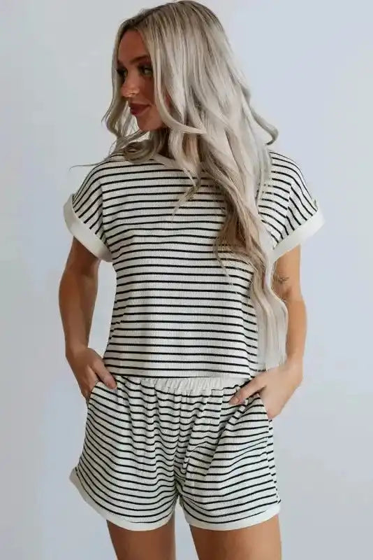 White Stripe Contrast Edge Tee and Shorts Set - Fashionfitz