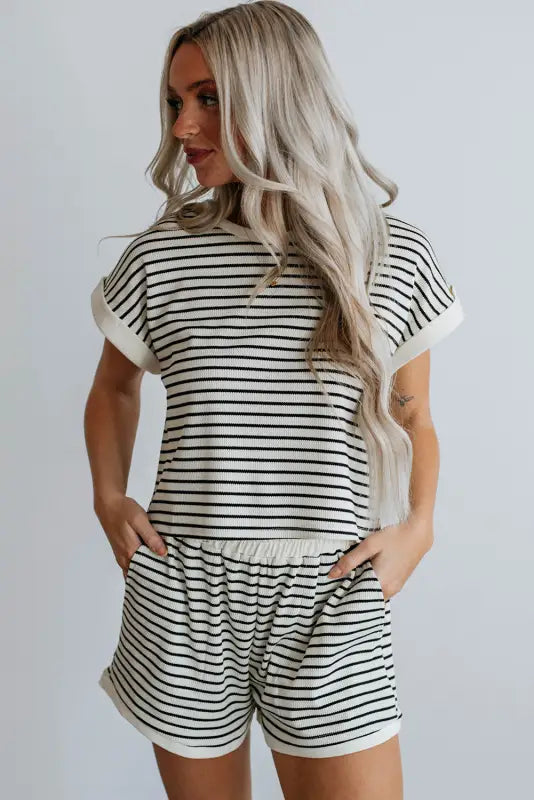 White stripe contrast edge tee and shorts set - two piece sets/short sets