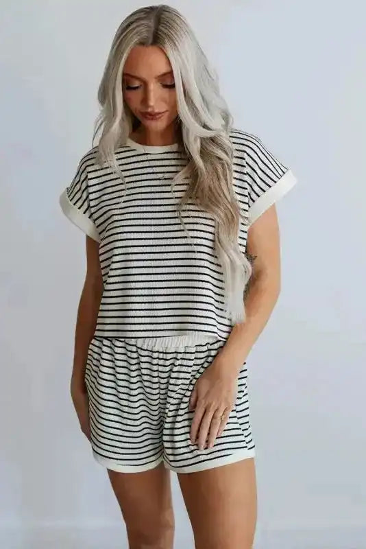 White Stripe Contrast Edge Tee and Shorts Set - Fashionfitz