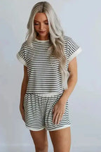 White Stripe Contrast Edge Tee and Shorts Set - Fashionfitz
