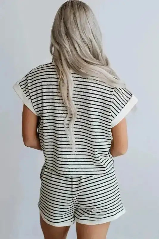 White Stripe Contrast Edge Tee and Shorts Set - Fashionfitz
