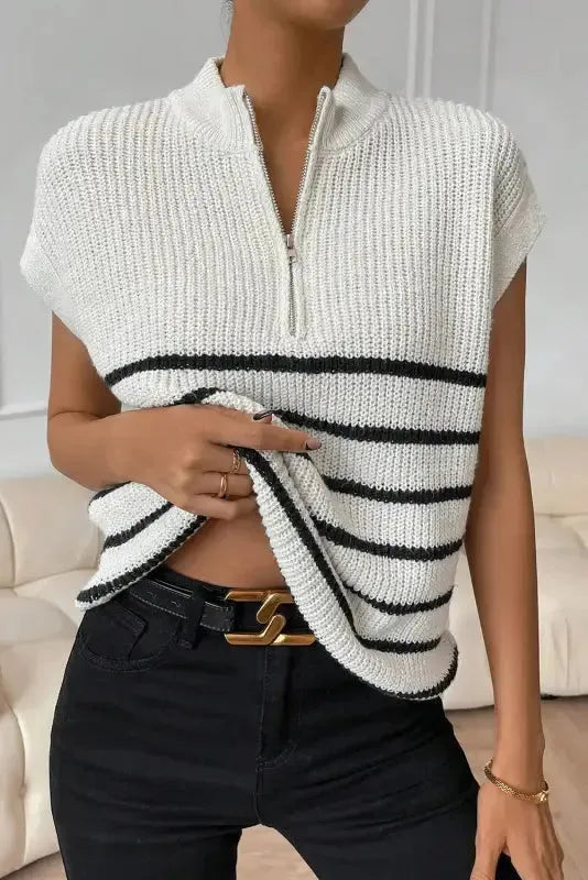 White Stripe Half Zip Split Stand Neck Sweater T-shirt - Fashionfitz
