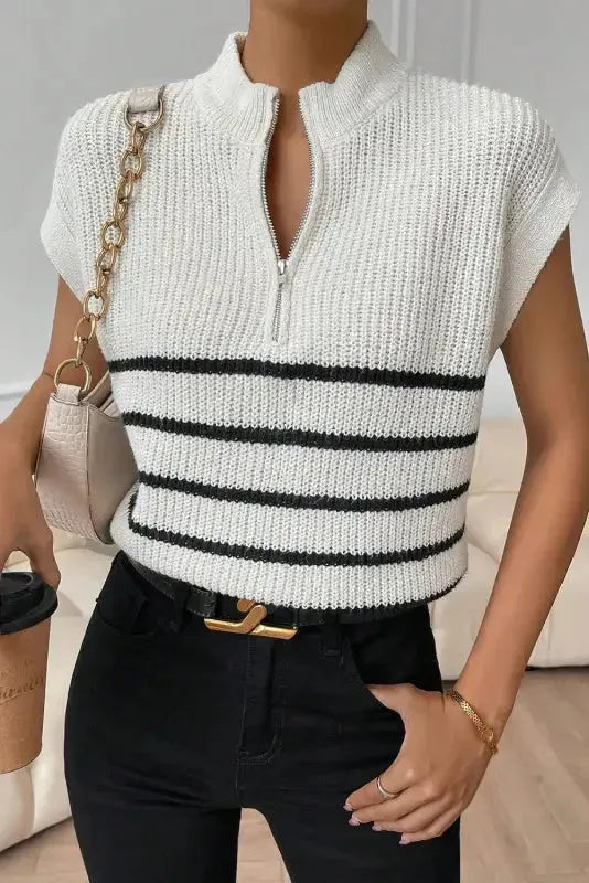 White Stripe Half Zip Split Stand Neck Sweater T-shirt - Fashionfitz