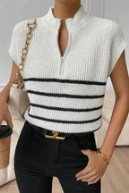 White Stripe Half Zip Split Stand Neck Sweater T-shirt - Fashionfitz