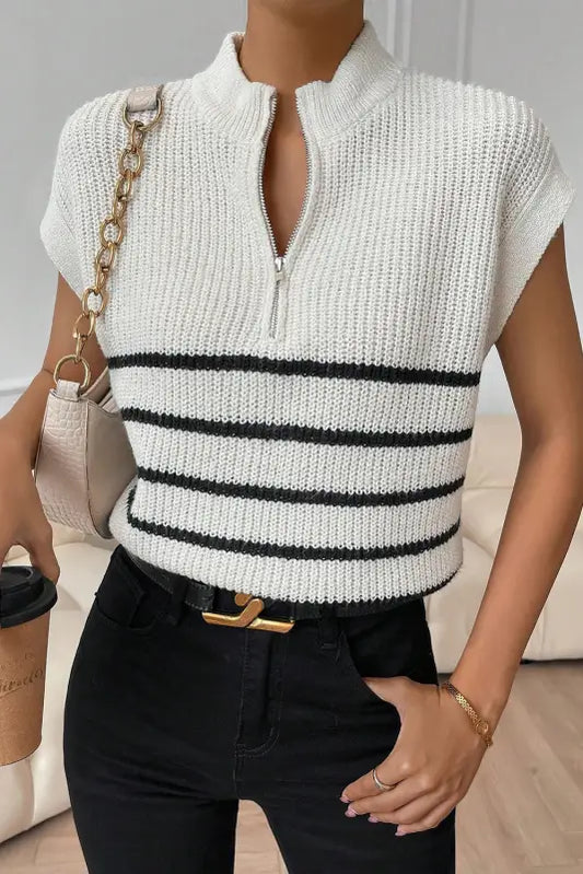 White stripe half zip split stand neck sweater t-shirt - l / 100% acrylic - sweaters & cardigans