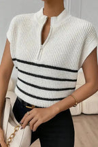 White Stripe Half Zip Split Stand Neck Sweater T-shirt - Fashionfitz