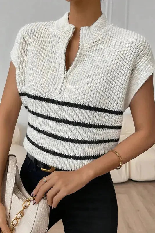 White Stripe Half Zip Split Stand Neck Sweater T-shirt - Fashionfitz