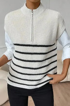 White Stripe Half Zip Split Stand Neck Sweater T-shirt - Fashionfitz