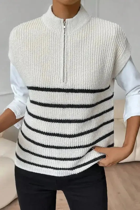 White Stripe Half Zip Split Stand Neck Sweater T-shirt - Fashionfitz
