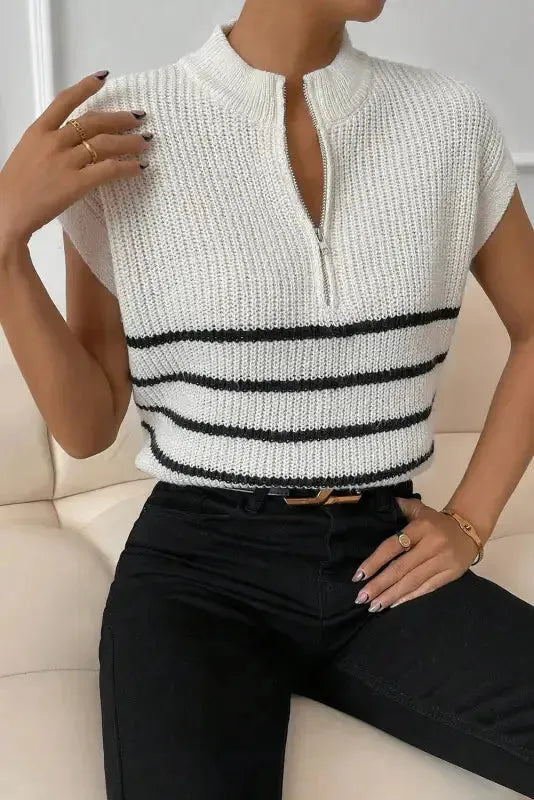 White Stripe Half Zip Split Stand Neck Sweater T-shirt - Fashionfitz