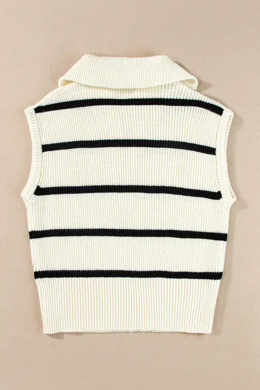 White stripe knit top - zipped collar cap sleeve