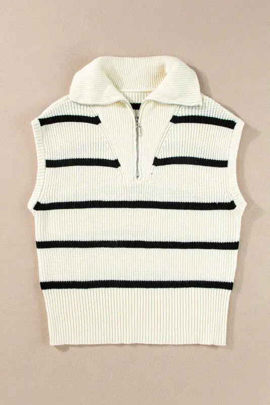 White stripe knit top - zipped collar cap sleeve