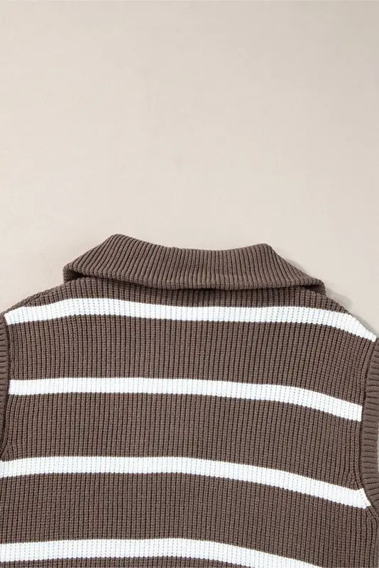 White stripe knit top - zipped collar cap sleeve