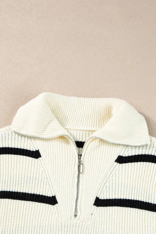 White stripe knit top - zipped collar cap sleeve