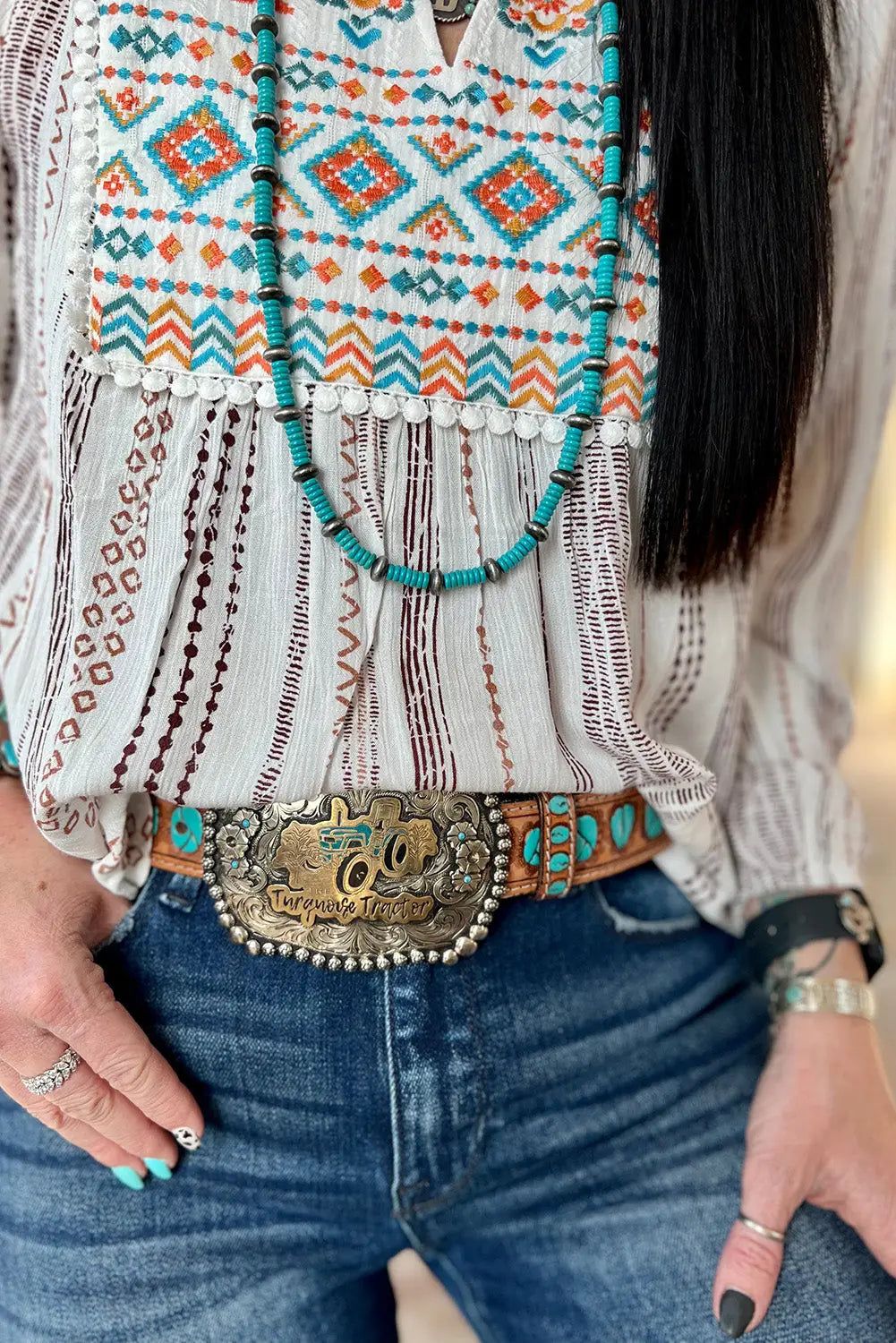White stripe notched neckline striped aztec embroidered blouse - blouses & shirts