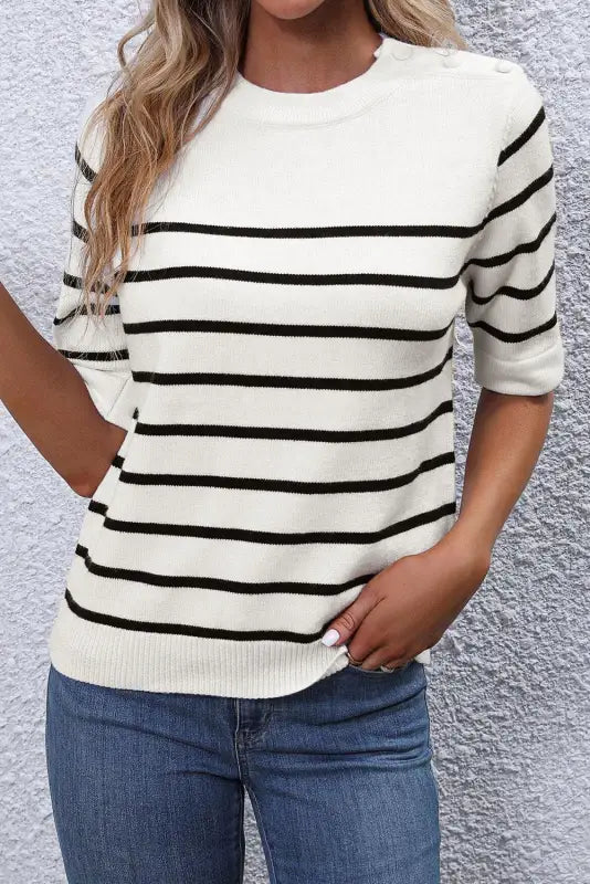 White stripe striped half sleeve knitted tee - tops/tops & tees