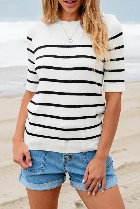 White stripe striped half sleeve knitted tee - tops/tops & tees