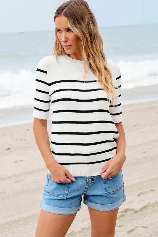 White stripe striped half sleeve knitted tee - tops/tops & tees