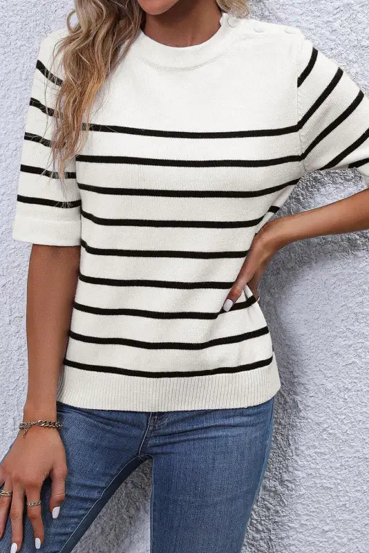 White stripe striped half sleeve knitted tee - tops/tops & tees