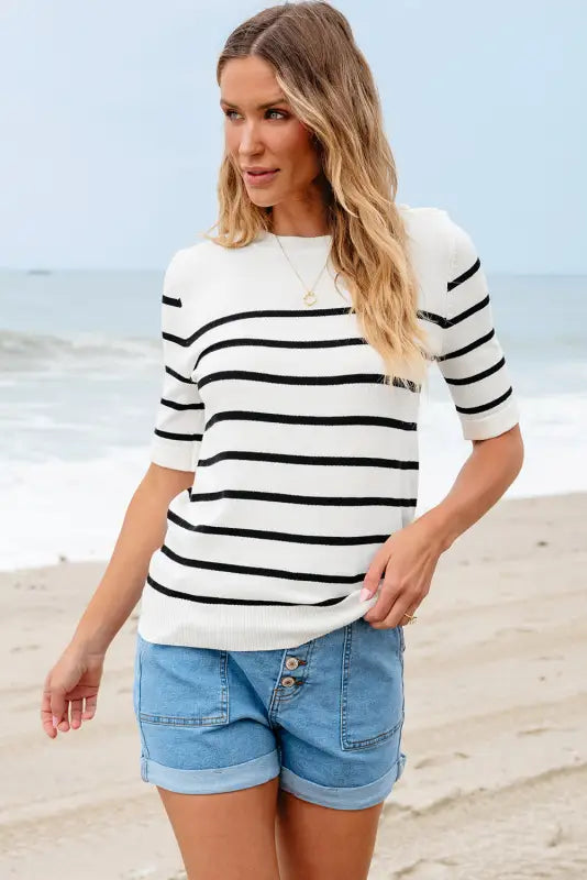 White stripe striped half sleeve knitted tee - tops/tops & tees