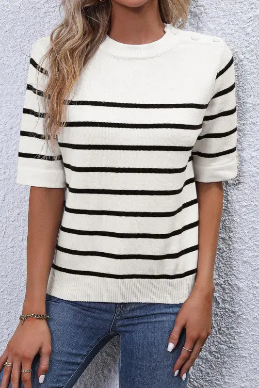 White stripe striped half sleeve knitted tee - tops/tops & tees