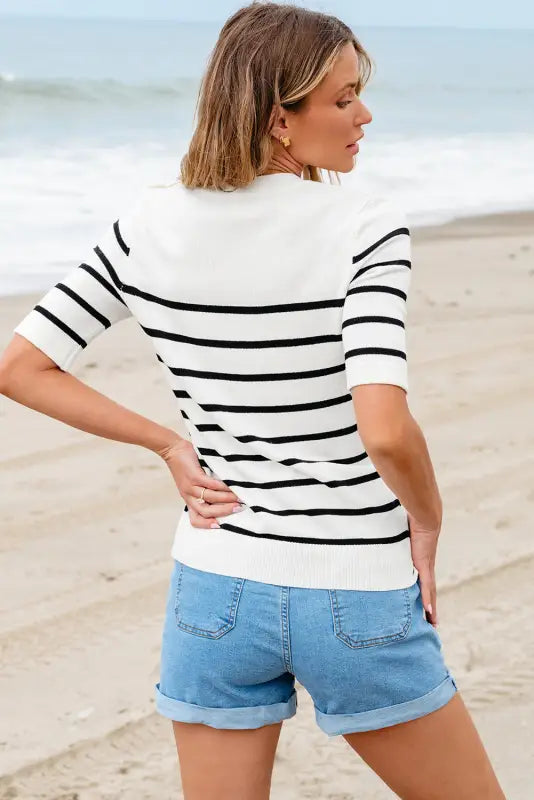 White stripe striped half sleeve knitted tee - tops/tops & tees