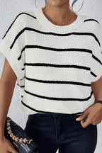 White Stripe Striped Pattern Batwing Sleeve Sweater - Fashionfitz