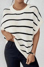 White Stripe Striped Pattern Batwing Sleeve Sweater - Fashionfitz