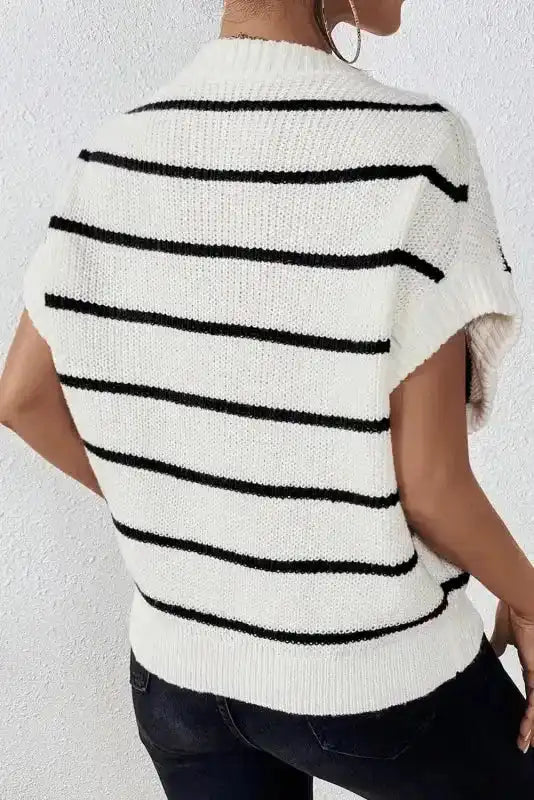 White Stripe Striped Pattern Batwing Sleeve Sweater - Fashionfitz