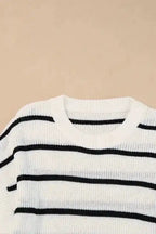 White Stripe Striped Pattern Batwing Sleeve Sweater - Fashionfitz