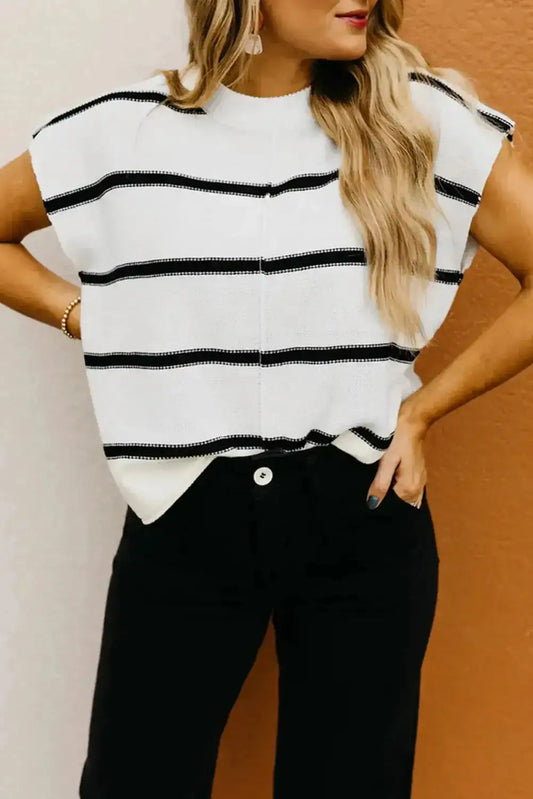 White Striped Batwing Sleeve Sweater Tee - Fashionfitz