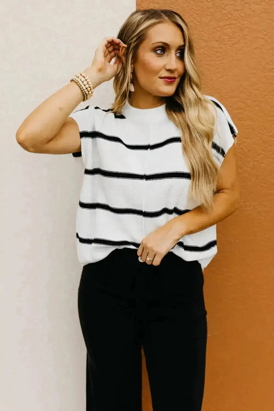 White Striped Batwing Sleeve Sweater Tee - Fashionfitz