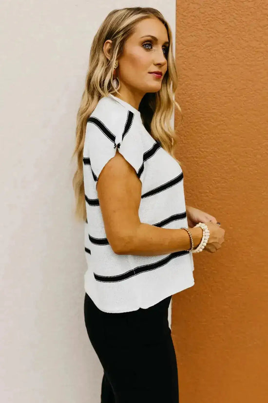 White Striped Batwing Sleeve Sweater Tee - Fashionfitz