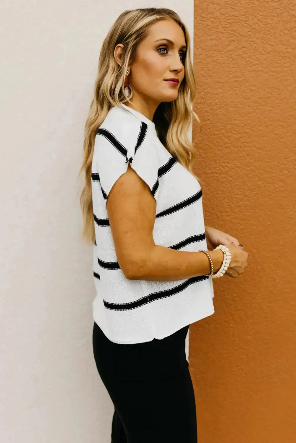 White Striped Batwing Sleeve Sweater Tee - Fashionfitz