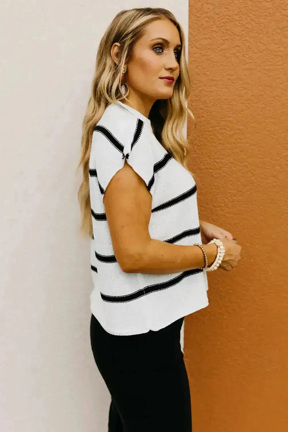 White Striped Batwing Sleeve Sweater Tee - Fashionfitz