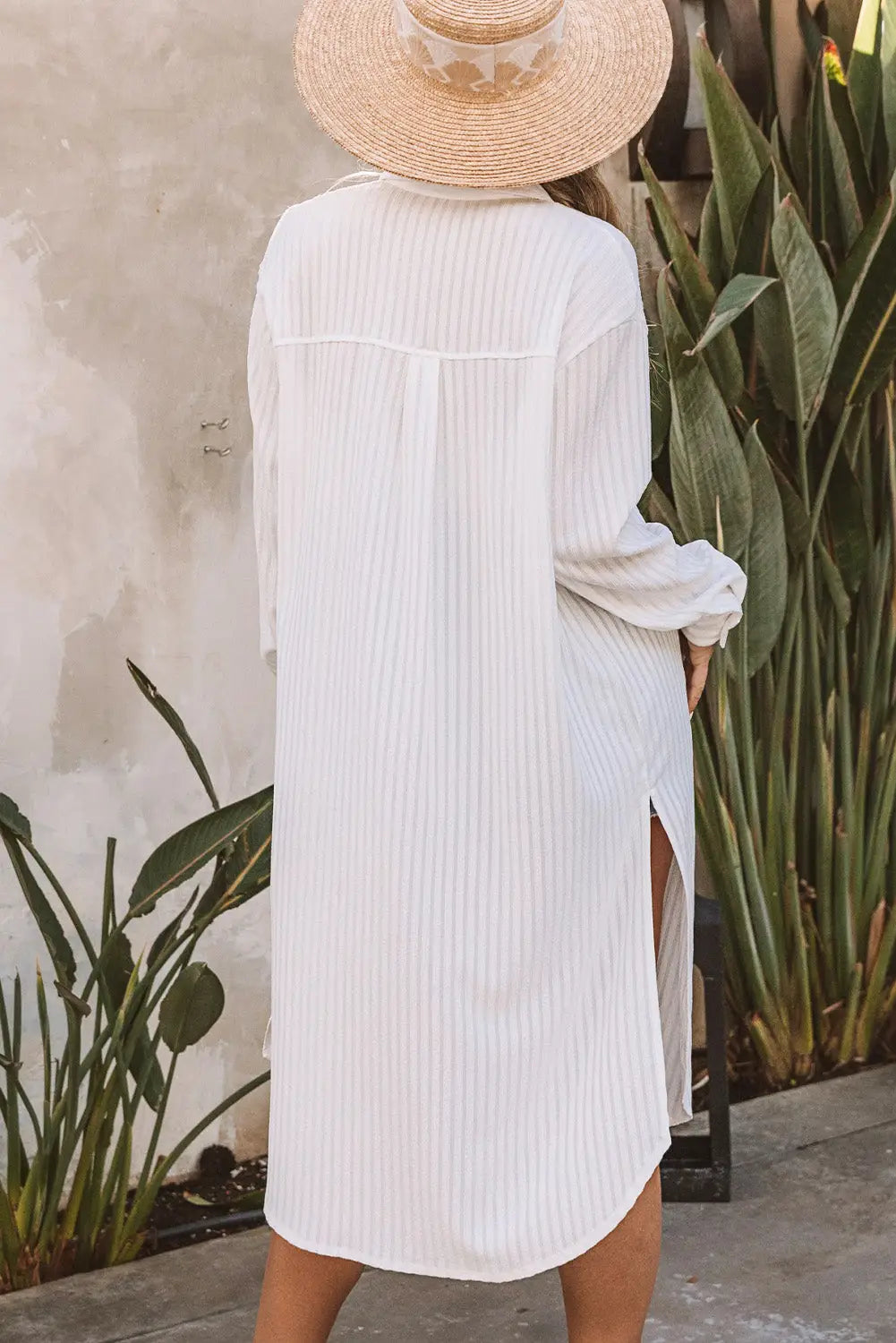 White striped crinkle button front cover up shirt dress - cover-ups
