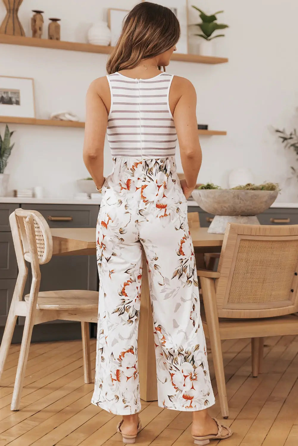 White striped floral pocket sleeveless jumpsuit - jumpsuits & rompers