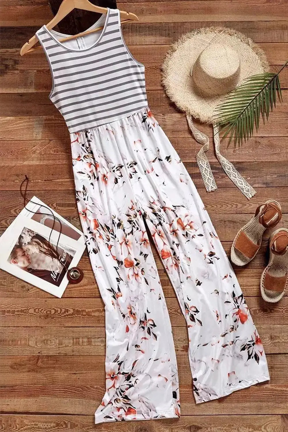 White striped floral pocket sleeveless jumpsuit - jumpsuits & rompers