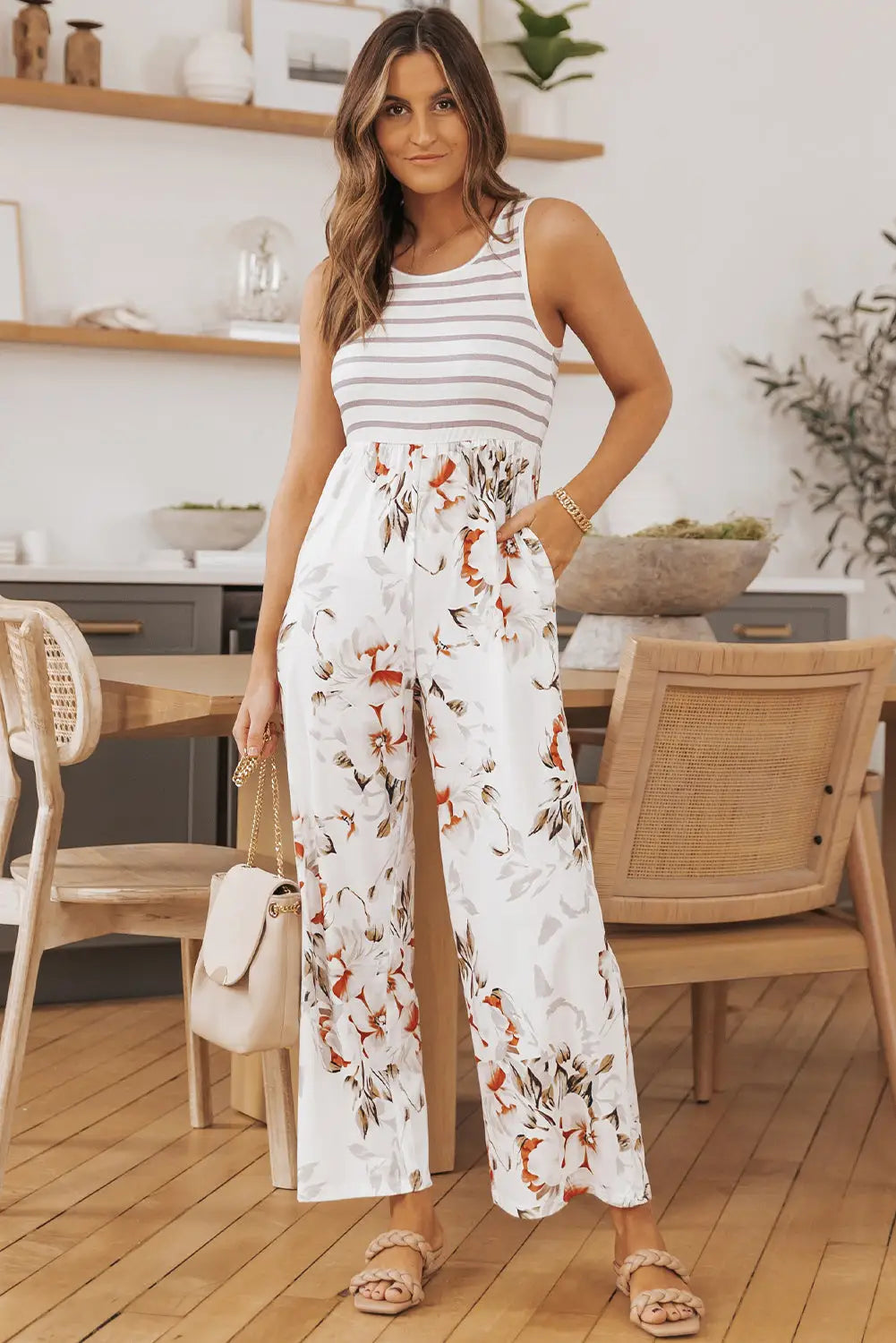 White striped floral pocket sleeveless jumpsuit - s / 95% polyester + 5% elastane - jumpsuits & rompers