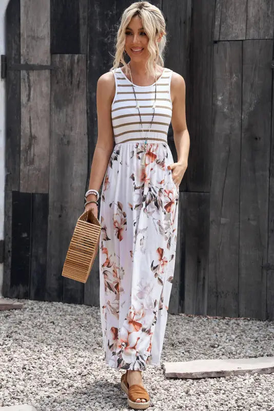 White striped floral print sleeveless maxi dress with pocket - dresses