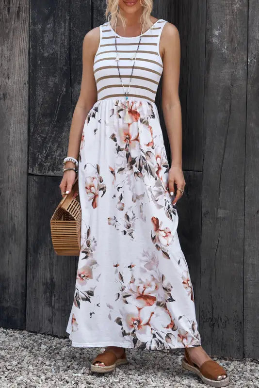 White striped floral print sleeveless maxi dress with pocket - dresses