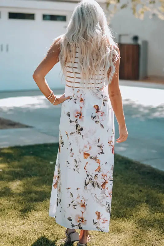 White striped floral print sleeveless maxi dress with pocket - dresses