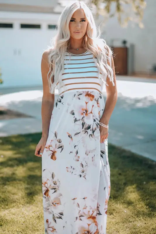 White striped floral print sleeveless maxi dress with pocket - dresses