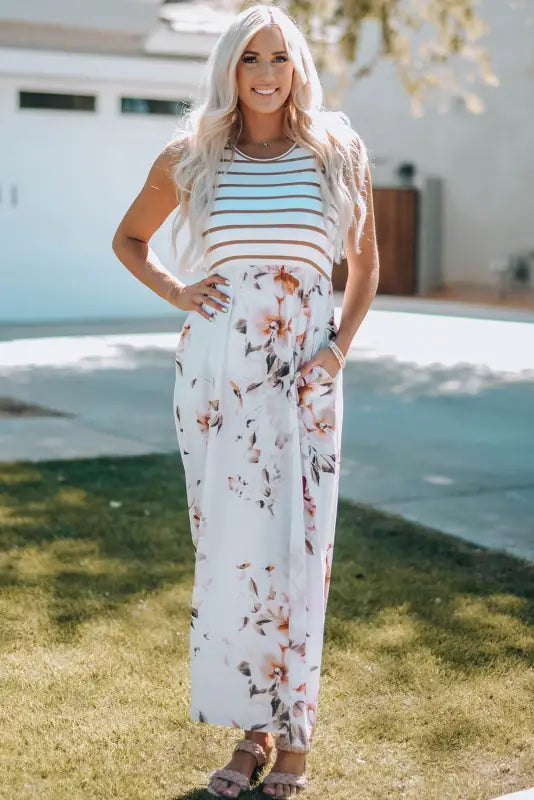 White striped floral print sleeveless maxi dress with pocket - dresses