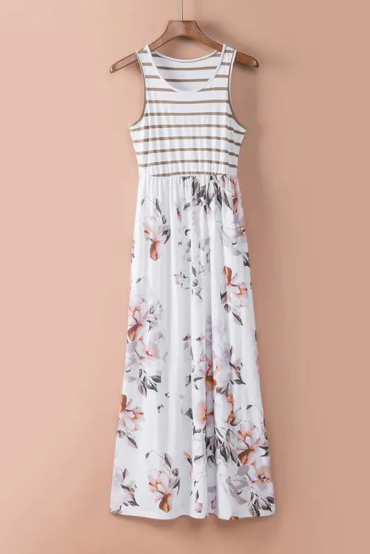 White striped floral print sleeveless maxi dress with pocket - dresses