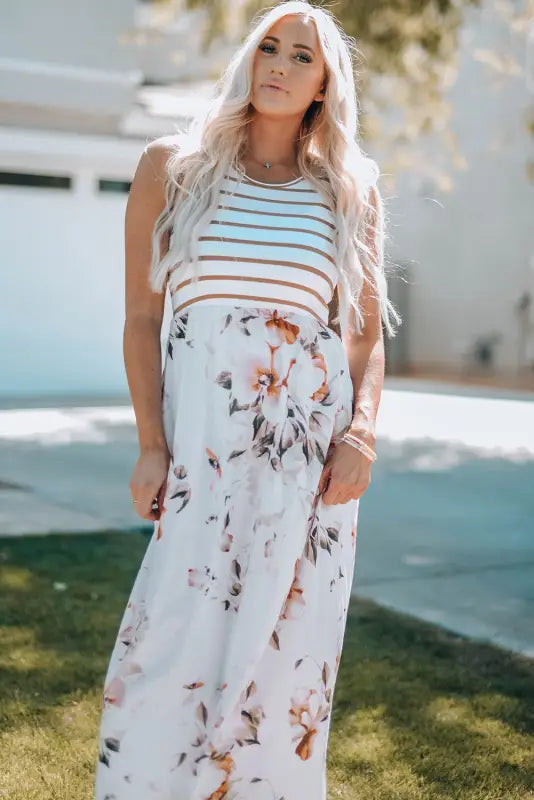 White striped floral print sleeveless maxi dress with pocket - dresses