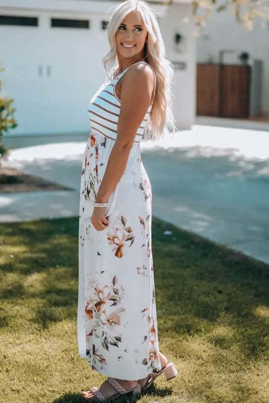 White striped floral print sleeveless maxi dress with pocket - dresses