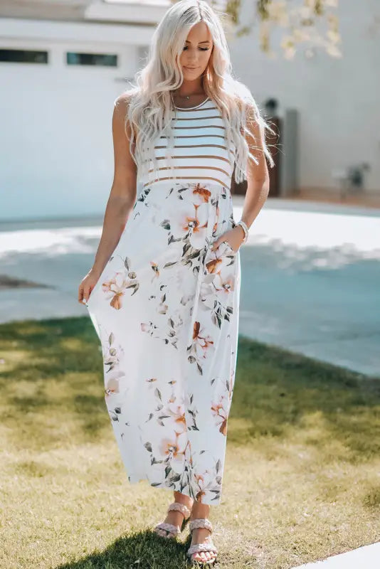 White striped floral print sleeveless maxi dress with pocket - dresses